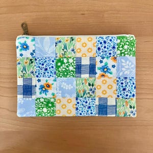 Blue patchwork bag, handmade cosmetic case, pencil pouch, yellow make-up pouch, quilted pouch, gift for women, gift for teen girl