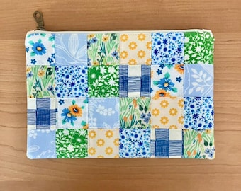 Blaue Patchworktasche, Kosmetiktasche, Federmäppchen, gelbes Federmäppchen, Geschenk für Frauen, Geschenk für Teenager Mädchen