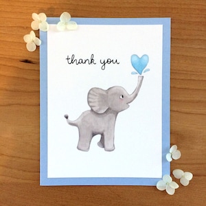 Tarjeta de agradecimiento con elefante, tarjeta de felicitación hecha a mano, tarjeta de agradecimiento con acuarela, ilustración de elefante, tarjeta con acuarela azul