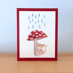 Biglietto di auguri a forma di topo, cancelleria fatta a mano con funghi, biglietto di auguri vuoto, acquerello del bosco, cancelleria per bambini, illustrazione di topo
