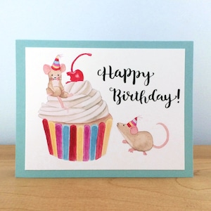 Tarjeta de cumpleaños de ratón, tarjeta de felicitación hecha a mano, tarjeta de cumpleaños de acuarela, ilustración de cupcake, tarjeta de ratón de acuarela, tarjeta de cumpleaños para niños