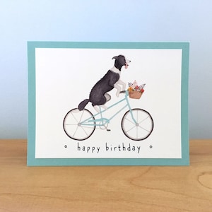 Carte d'anniversaire de border collie, carte de voeux faite main de chien, carte d'anniversaire de bicyclette, carte de chiot, illustration d'aquarelle, joyeux anniversaire