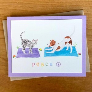 Biglietto di auguri cane gatto, cancelleria yoga fatta a mano, biglietto di auguri pace, cancelleria acquerello, cancelleria per bambini, illustrazione yoga, arte cane gatto