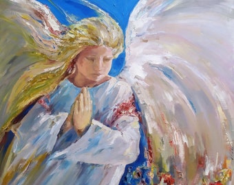 Ukraine War Wall Art  Angel Art Prayer for Ukraine Original Art Ukrainian Vyshyvanka Oil Painting Modern Art Flower Art Gift For Ukrainian