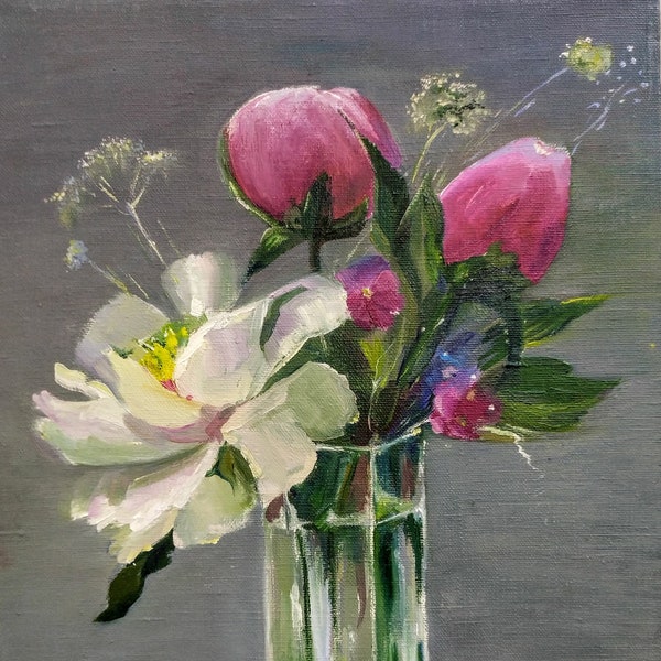 Original Art Oil Painting Flowers Peonies Wall Art Still Life Painting For Sale Bouquet Floral Kitchen Decor Botanical Art Peonies Decor