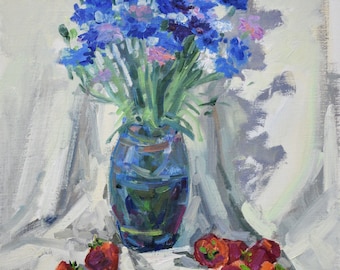 Сornflowers Original Painting Bouquet Floral Colorful Artwork Food Modern Summer Art Kitchen Still life Fruit Nature Wall Ukrainian Art
