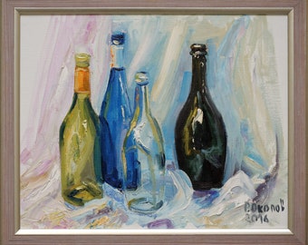 オリジナル静物画ガラス油絵ダイニングルーム装飾インテリア絵画ボトル