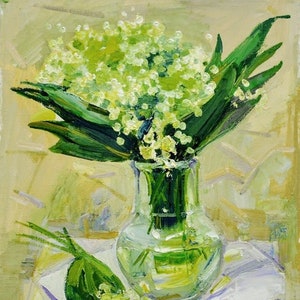Still Life Oil Painting Original Flowers Art Bouquet of lilies of the valley Spring Flowers Art Floral Wall Art Painting For Dining Room