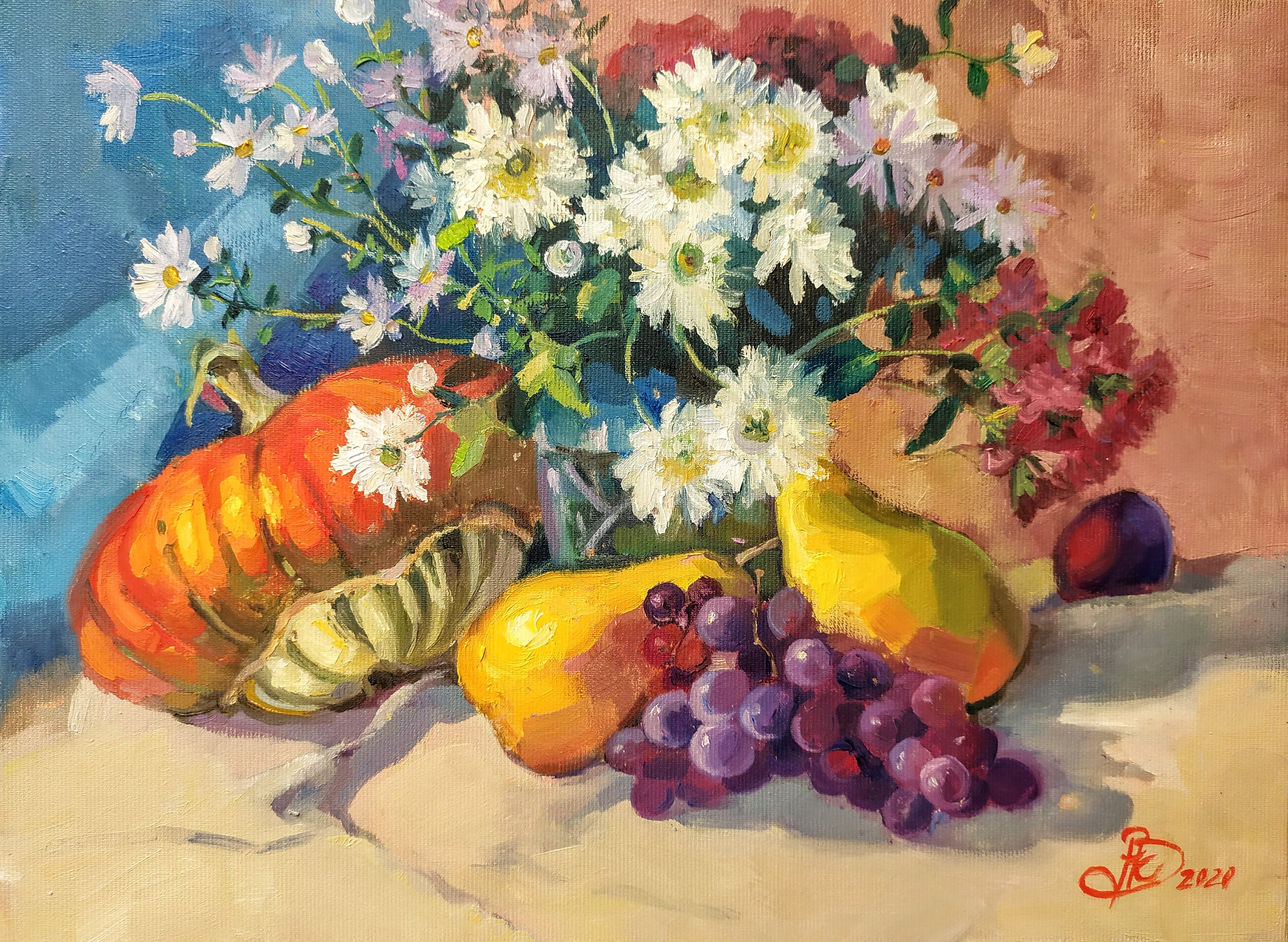 Original Still Life Oil Painting Fruit Art On Canvas Flowers Etsy