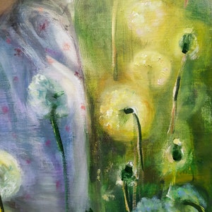 May include: An oil painting showing dandelions in a field, rendered in a soft, impressionistic style. The colour palette includes greens, yellows, and blues. The artist's signature and the year 2020 are visible in the lower right corner of the artwork.