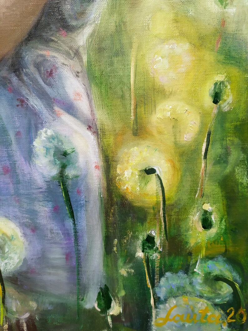 May include: An oil painting showing dandelions in a field, rendered in a soft, impressionistic style. The colour palette includes greens, yellows, and blues. The artist's signature and the year 2020 are visible in the lower right corner of the artwork.