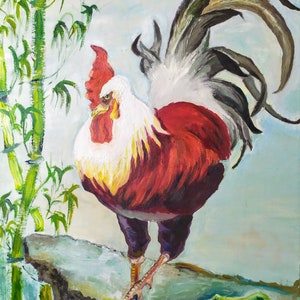 Rooster Art Pintura al óleo Cock Artwork Pollo Arte Animal Painting On Canvas Granja Pájaros Rojo Rooster Artwork Rooster Wall Art Colorido Artwork