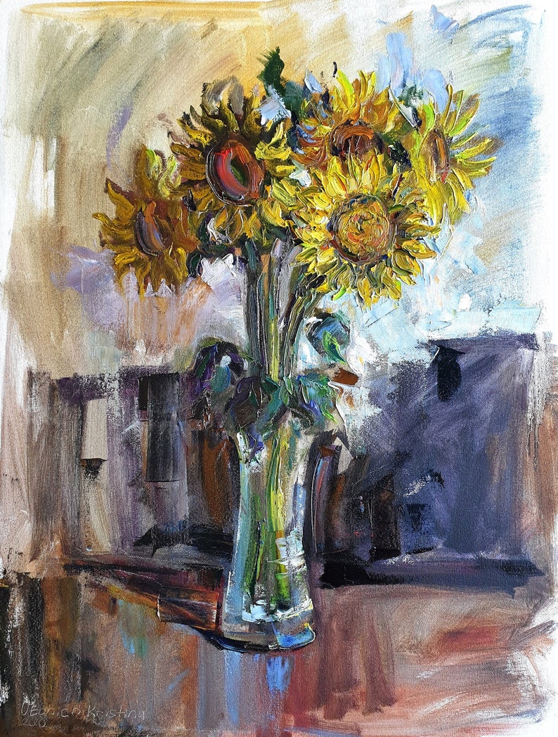 Original Sunflower Paintings Orange Still Life on Canvas Palette Knife ...