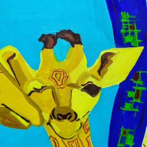 May include: A close-up of a yellow giraffe with a blue and green background. The giraffe's head is tilted to the side and its eyes are closed. The giraffe's neck is patterned with orange and red squares.