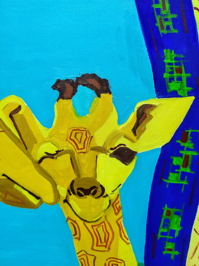 May include: A close-up of a yellow giraffe with a blue and green background. The giraffe's head is tilted to the side and its eyes are closed. The giraffe's neck is patterned with orange and red squares.