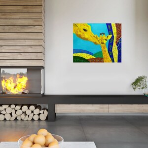 May include: A colorful abstract painting of two giraffes, one adult and one baby, with a blue background and yellow, green, and brown accents. The painting is signed "J. Bass" in the bottom left corner.