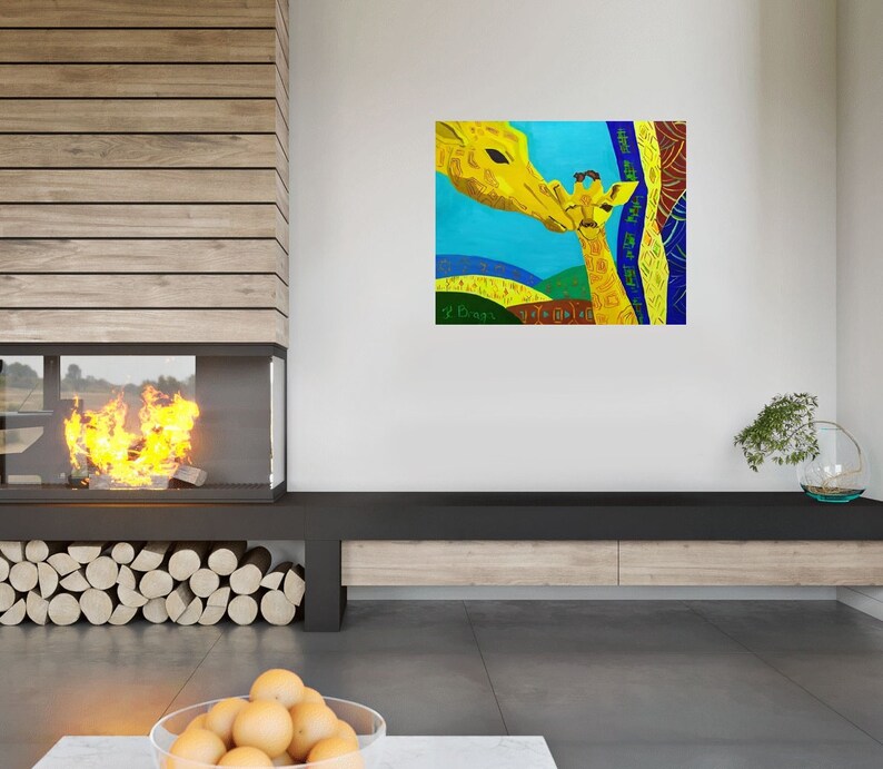 May include: A colorful abstract painting of two giraffes, one adult and one baby, with a blue background and yellow, green, and brown accents. The painting is signed "J. Bass" in the bottom left corner.