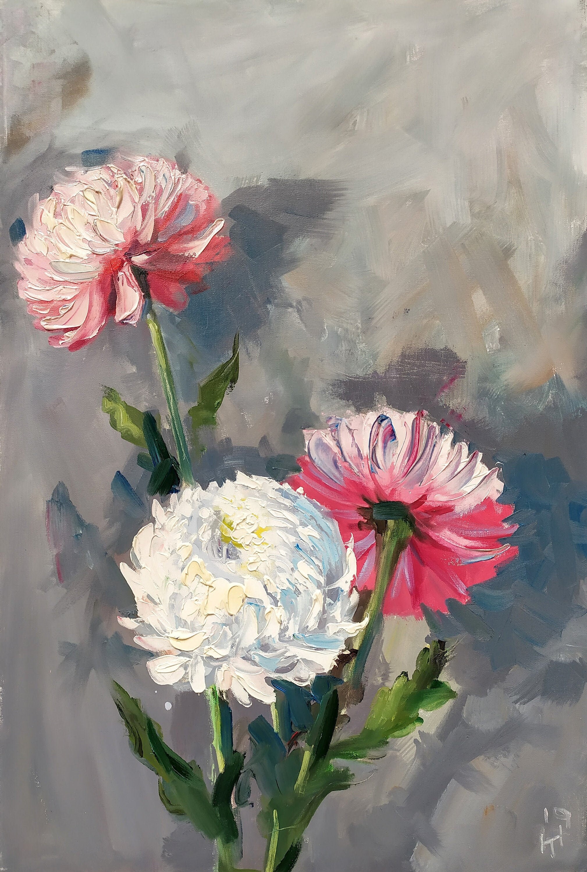 【真作】絵画　油彩8号　優雅な花瓶の菊　柔らかな色彩で描かれた静物画　V136 真作】絵画 油彩8号 優雅な花瓶の菊 柔らかな色彩で描かれた静物