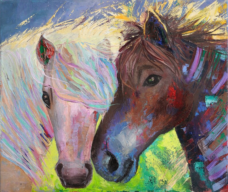 May include: A painting of two horses' heads, one with white and pink fur and the other with brown fur. The horses' manes are painted with colorful strokes.