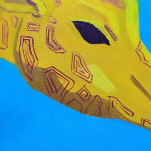 May include: Close-up of a yellow giraffe head with a black eye and a blue background. The giraffe's pattern is made up of red and yellow lines.