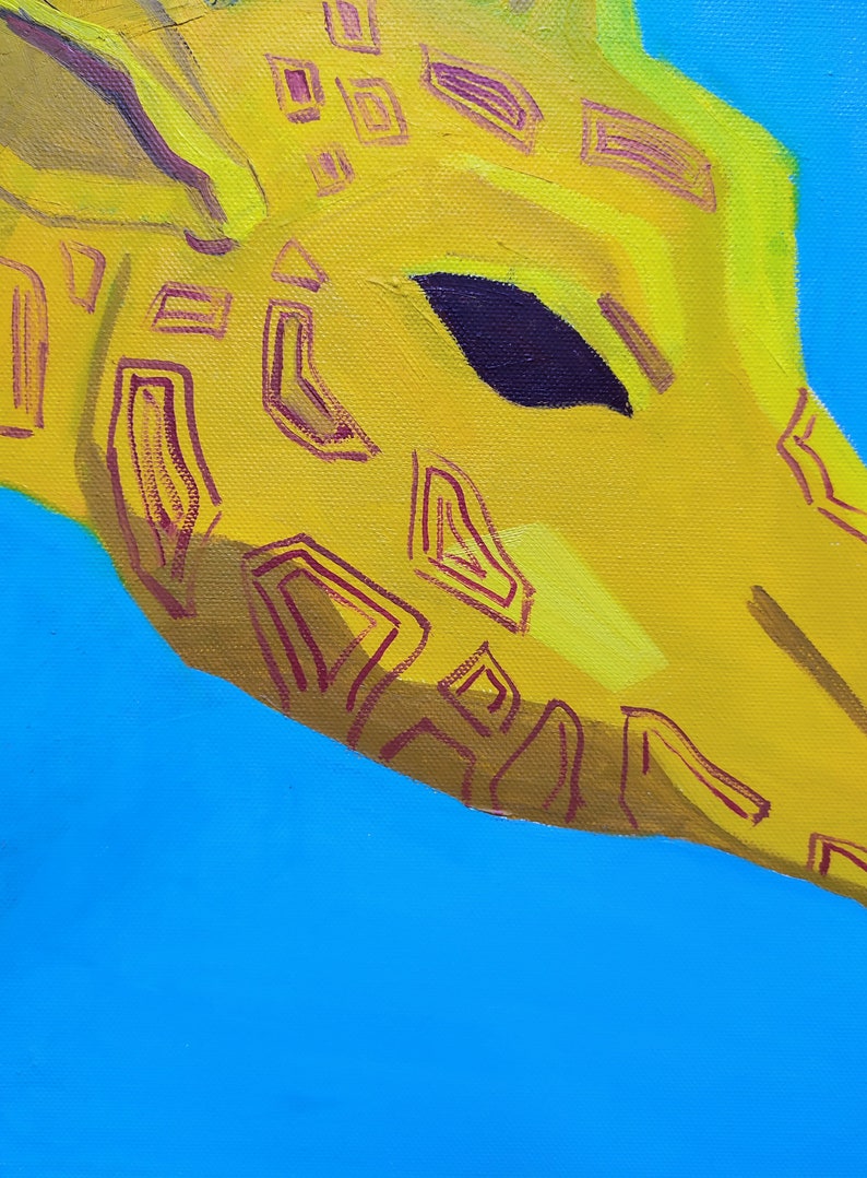 May include: Close-up of a yellow giraffe head with a black eye and a blue background. The giraffe's pattern is made up of red and yellow lines.