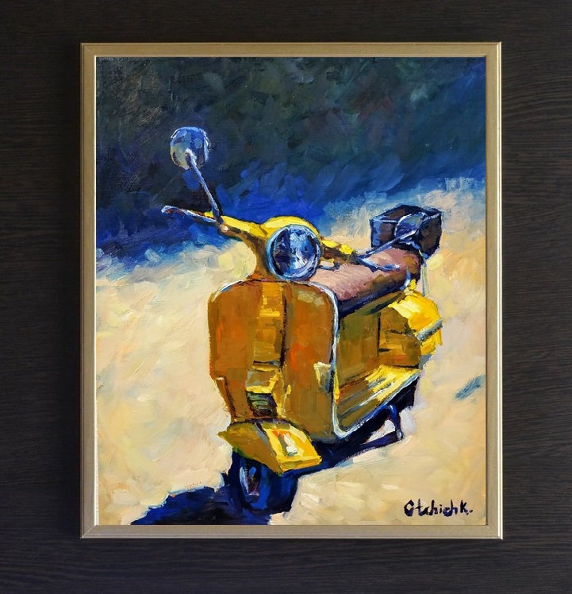 Vespa Scooter Painting Yellow Scooter Oil Painting Scooter Art Etsy