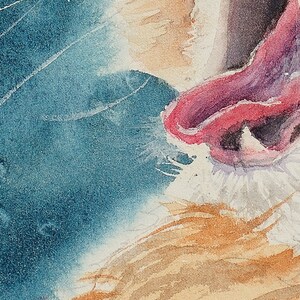 May include: Close-up of a watercolor painting of a dog's mouth with a pink tongue sticking out. The dog's fur is a light brown color and the background is a blue-green color.