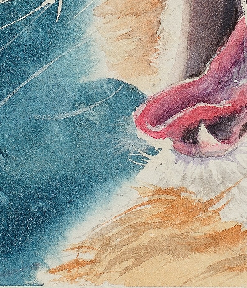 May include: Close-up of a watercolor painting of a dog's mouth with a pink tongue sticking out. The dog's fur is a light brown color and the background is a blue-green color.