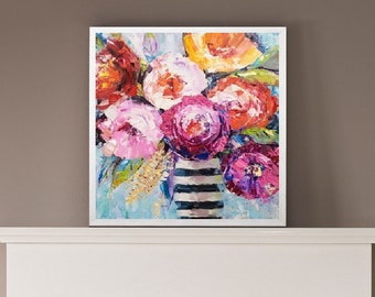 花瓶の中の花束 キャンバスに描かれたカラフルな抽象画 花の静物画 花
