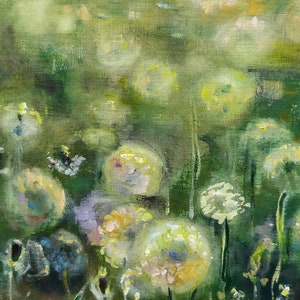May include: An oil painting depicting a field of dandelions. The artwork uses a palette of greens, yellows, and whites, with soft, blurred details. The painting evokes a sense of nature and tranquility, with a focus on the delicate blooms.