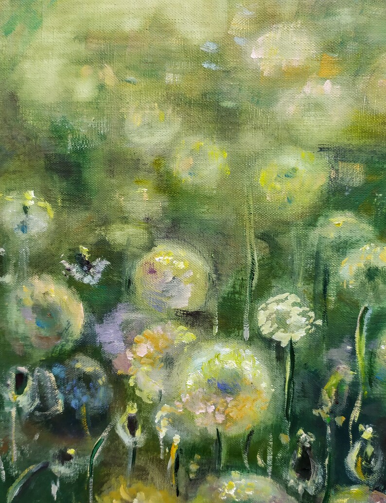 May include: An oil painting depicting a field of dandelions. The artwork uses a palette of greens, yellows, and whites, with soft, blurred details. The painting evokes a sense of nature and tranquility, with a focus on the delicate blooms.