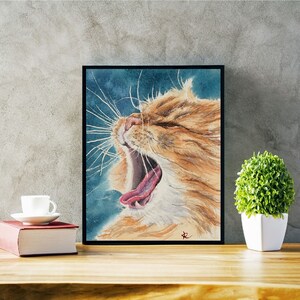 May include: Watercolor painting of a ginger cat with green eyes yawning with its mouth wide open. The cat is painted in a realistic style with soft, blended colors.