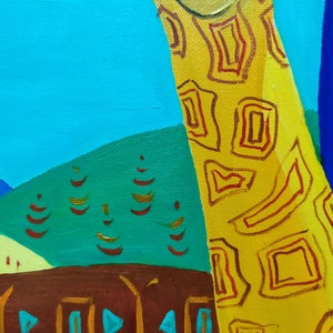 May include: A colorful painting of a giraffe with a yellow body and red and brown markings. The giraffe is standing in front of a green hill with brown trees. The background is a bright blue sky.