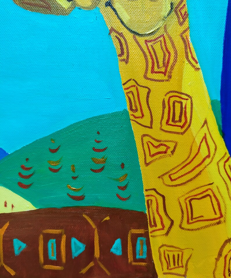 May include: A colorful painting of a giraffe with a yellow body and red and brown markings. The giraffe is standing in front of a green hill with brown trees. The background is a bright blue sky.