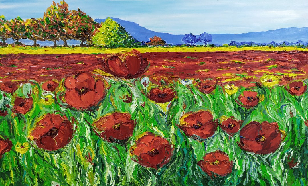 Poppy Flower Art Abstract Ukrainian Original Oil Painting on Canvas