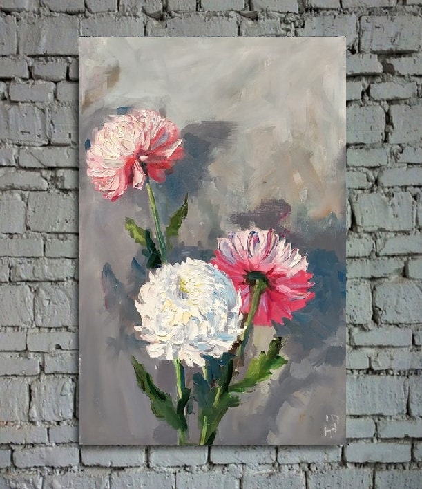 静物画 花 油絵 花 菊 キャンバスに描かれたオリジナルの花の絵画