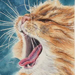 May include: A watercolor painting of a ginger cat with white markings yawning with its mouth wide open. The cat's whiskers are long and thin, and its tongue is visible. The background is a light blue color.