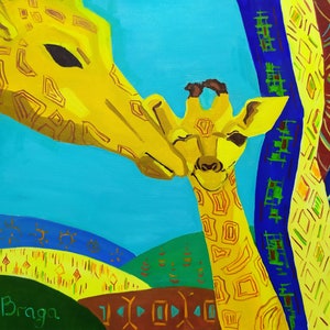 May include: A painting of two giraffes, one adult and one baby, with a colorful patterned background. The giraffes are yellow with orange markings and the background is a mix of blue, green, yellow, and red.