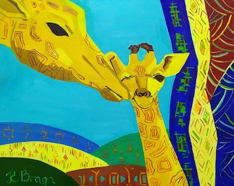 Original obras de arte jirafa arte vivero pared arte imágenes de pintura al óleo arte animal abstracto regalo para el arte mamá y bebé jirafa vivero decoración