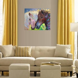 May include: A painting of two horses' heads, one white and one brown, with their noses touching. The horses are painted in a colorful, abstract style.