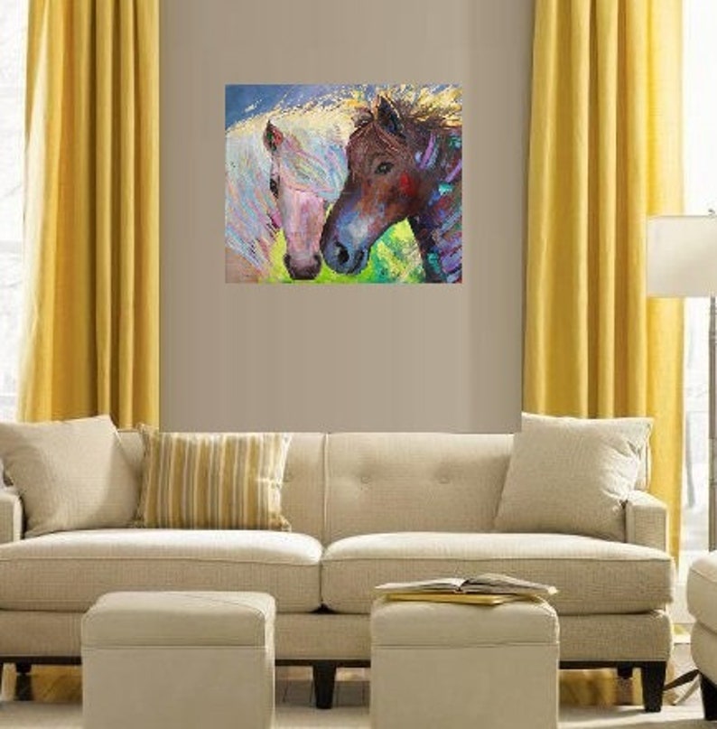 May include: A painting of two horses' heads, one white and one brown, with their noses touching. The horses are painted in a colorful, abstract style.