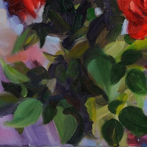May include: Oil painting of a bouquet of red roses with green leaves. The artwork features visible brushstrokes and a vibrant color palette, with shades of red, green, purple, and pink. The style is impressionistic, capturing the essence of the flowers.