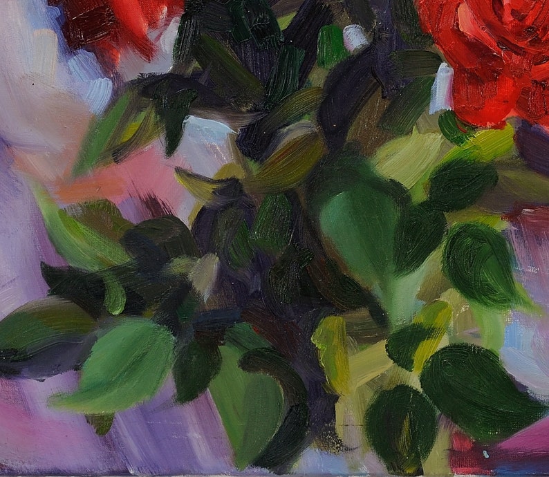 May include: Oil painting of a bouquet of red roses with green leaves. The artwork features visible brushstrokes and a vibrant color palette, with shades of red, green, purple, and pink. The style is impressionistic, capturing the essence of the flowers.