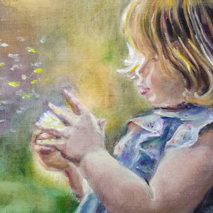 May include: Oil painting of a young child with blonde hair, wearing a blue floral dress. The child is holding a fluffy, yellow object, possibly a flower, against a soft, blurred backdrop of green and yellow.