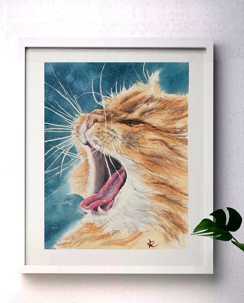 May include: Watercolor painting of a ginger cat with green eyes yawning with its mouth wide open. The cat's fur is a mix of orange, white, and brown. The background is a blue-green color.