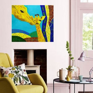 May include: A colorful painting of two giraffes, one adult and one baby, with a blue background and yellow, orange, and green accents. The adult giraffe is nuzzling the baby giraffe. The painting is signed "L. Bragg" in the bottom left corner.