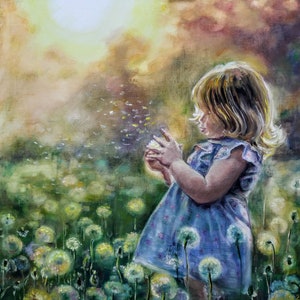 May include: Oil painting depicting a young child in a blue dress blowing dandelion seeds in a field. The background has a soft, golden light, suggesting a sunny day. The artwork evokes a sense of childhood and nature, painted in oil.