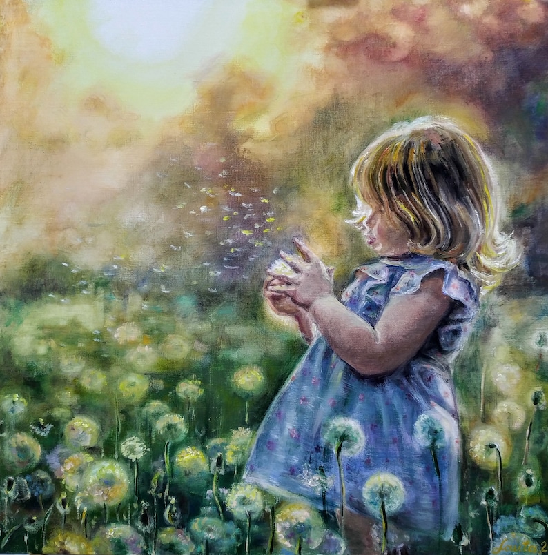 May include: Oil painting depicting a young child in a blue dress blowing dandelion seeds in a field. The background has a soft, golden light, suggesting a sunny day. The artwork evokes a sense of childhood and nature, painted in oil.