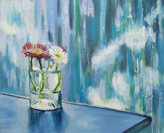 ガラスの中の花 夏の雨のアート 青い油絵 白と赤の花の絵画 キャンバス