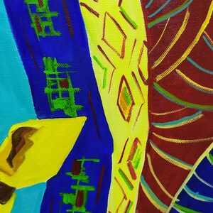 May include: Abstract painting with bold geometric shapes in shades of blue, yellow, green, and red. The painting features a variety of lines and patterns, creating a dynamic and visually interesting composition.